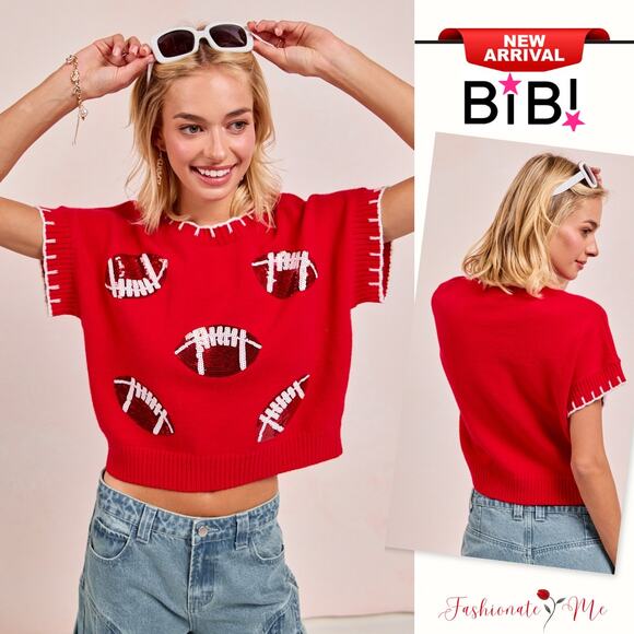 BiBi Gameday Sequin Football Embroidered Stitch Details Pullover Sweater | Red - Picture 1 of 9